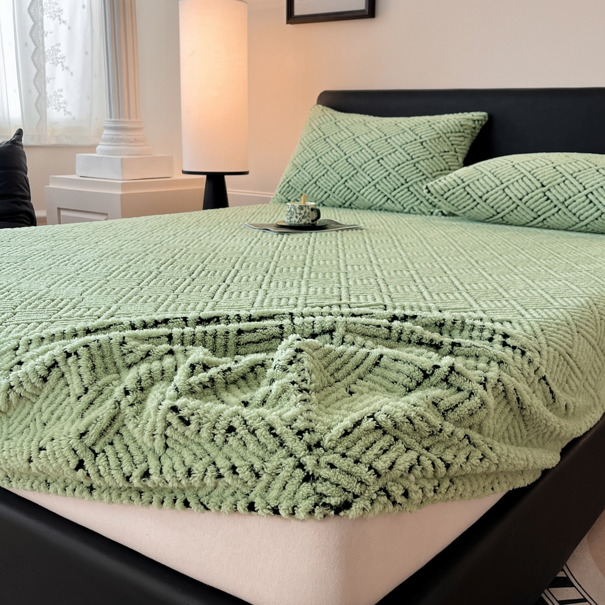 91家纺网 家纺一手货源 找家纺 莱家富 2026新款暖绒舒棉绒床笠-梦境系列（可供跨境外贸抽空压缩爆款首选） 梦境-桑绿