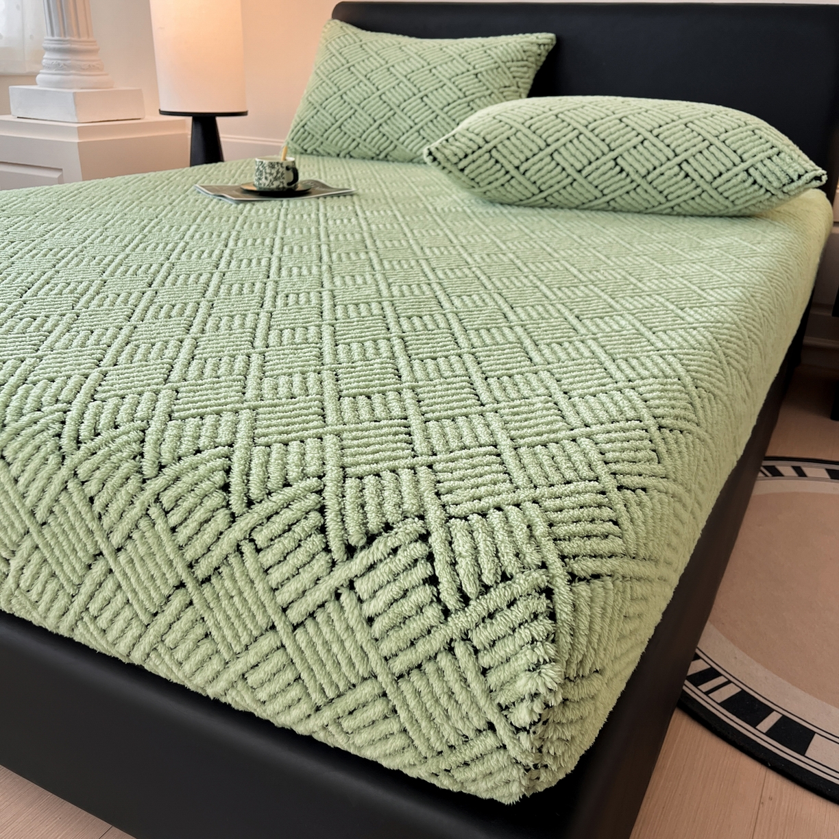 91家纺网 家纺一手货源 找家纺 莱家富 2026新款暖绒舒棉绒床笠-梦境系列（可供跨境外贸抽空压缩爆款首选） 梦境-桑绿