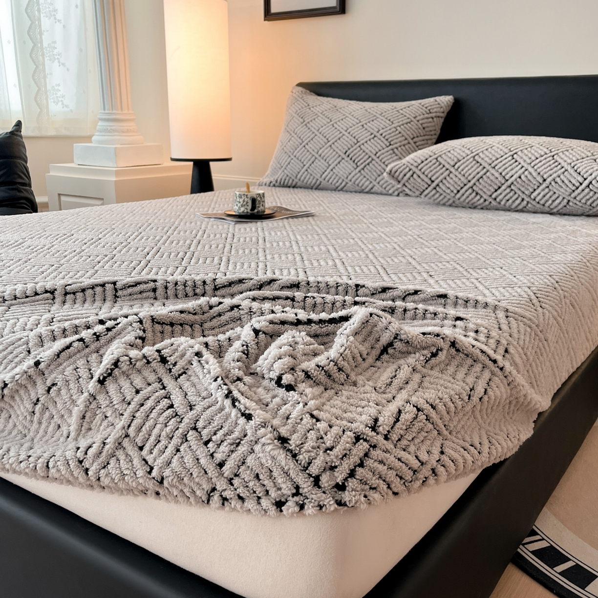 91家纺网 家纺一手货源 找家纺 莱家富 2026新款暖绒舒棉绒床笠-梦境系列（可供跨境外贸抽空压缩爆款首选） 梦境-雾灰