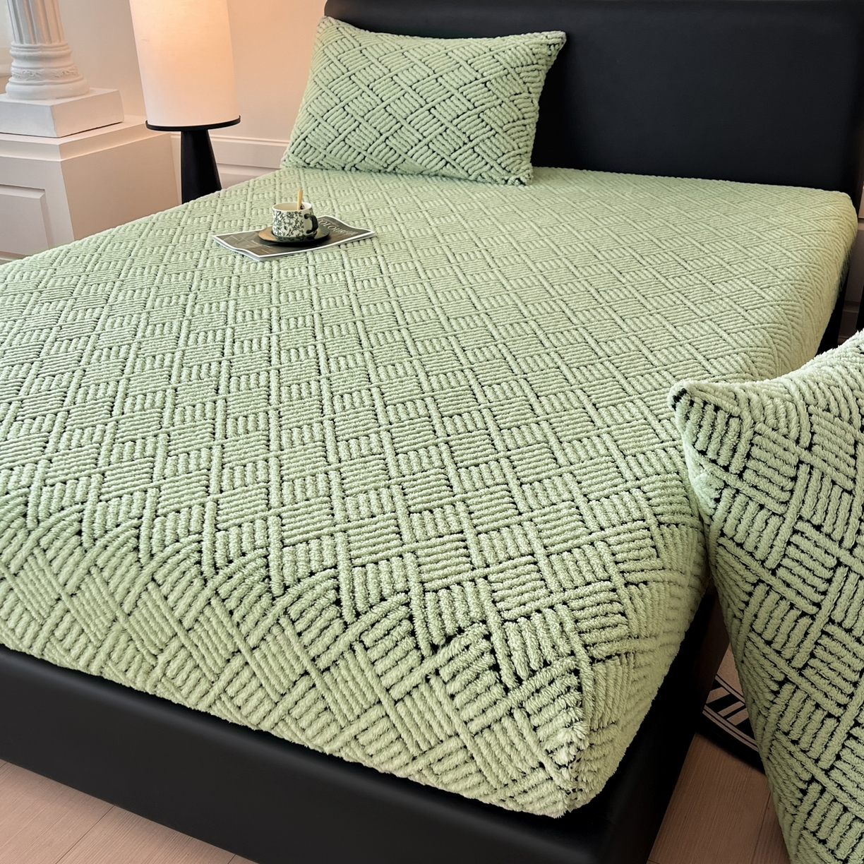 91家纺网 家纺一手货源 找家纺 莱家富 2026新款暖绒舒棉绒床笠-梦境系列（可供跨境外贸抽空压缩爆款首选） 梦境-桑绿