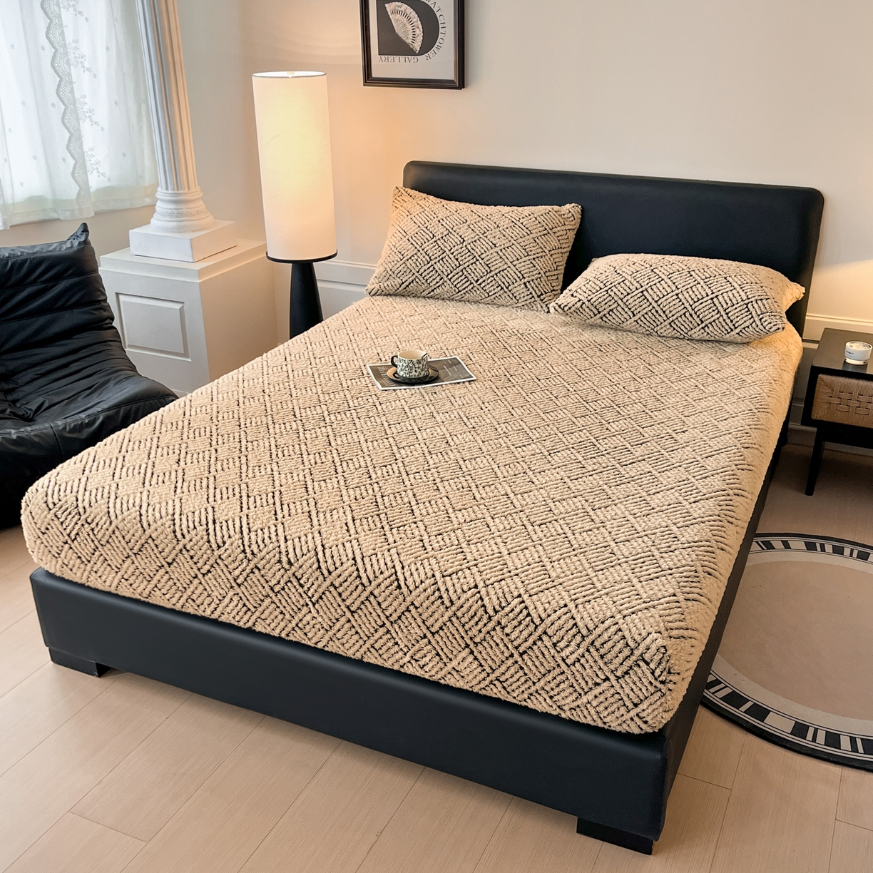 91家纺网 家纺一手货源 找家纺 莱家富 2026新款暖绒舒棉绒床笠-梦境系列（可供跨境外贸抽空压缩爆款首选） 梦境-米驼