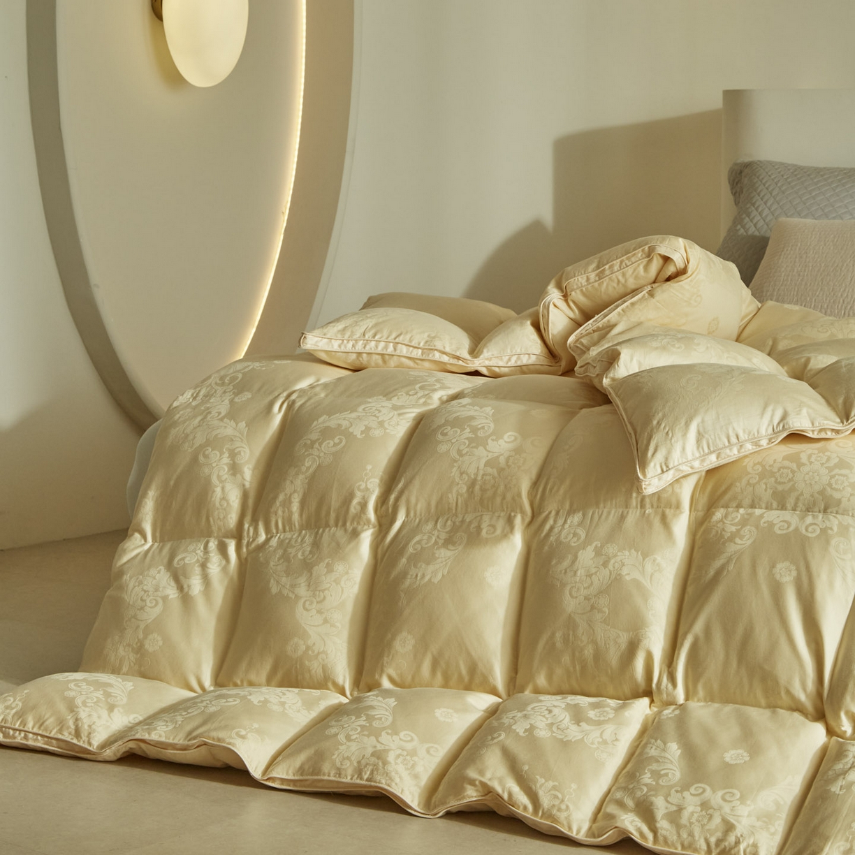 91家纺网 家纺一手货源 找家纺 暖羽屋羽绒馆 2025新款60s纯棉大提花羽绒被芯 白鹅绒丝被 羽毛被子 加厚双层冬被 两米双人冬被 普希斯 耀金