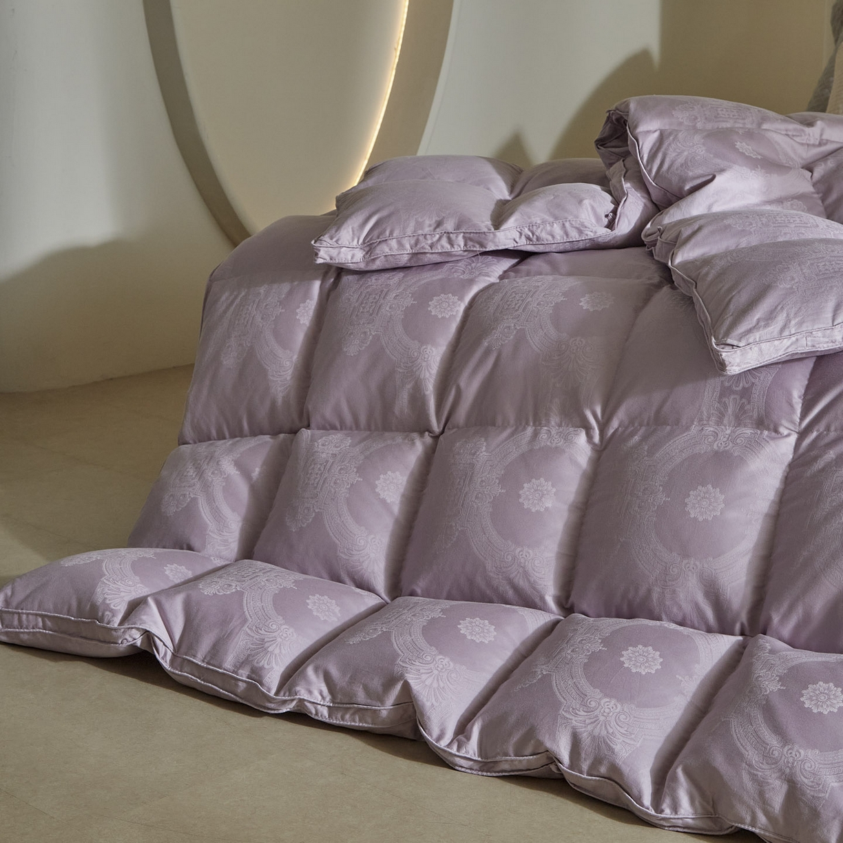 91家纺网 家纺一手货源 找家纺 暖羽屋羽绒馆 2025新款60s纯棉大提花羽绒被芯 白鹅绒丝被 羽毛被子 加厚双层冬被 两米双人冬被 普希斯 紫
