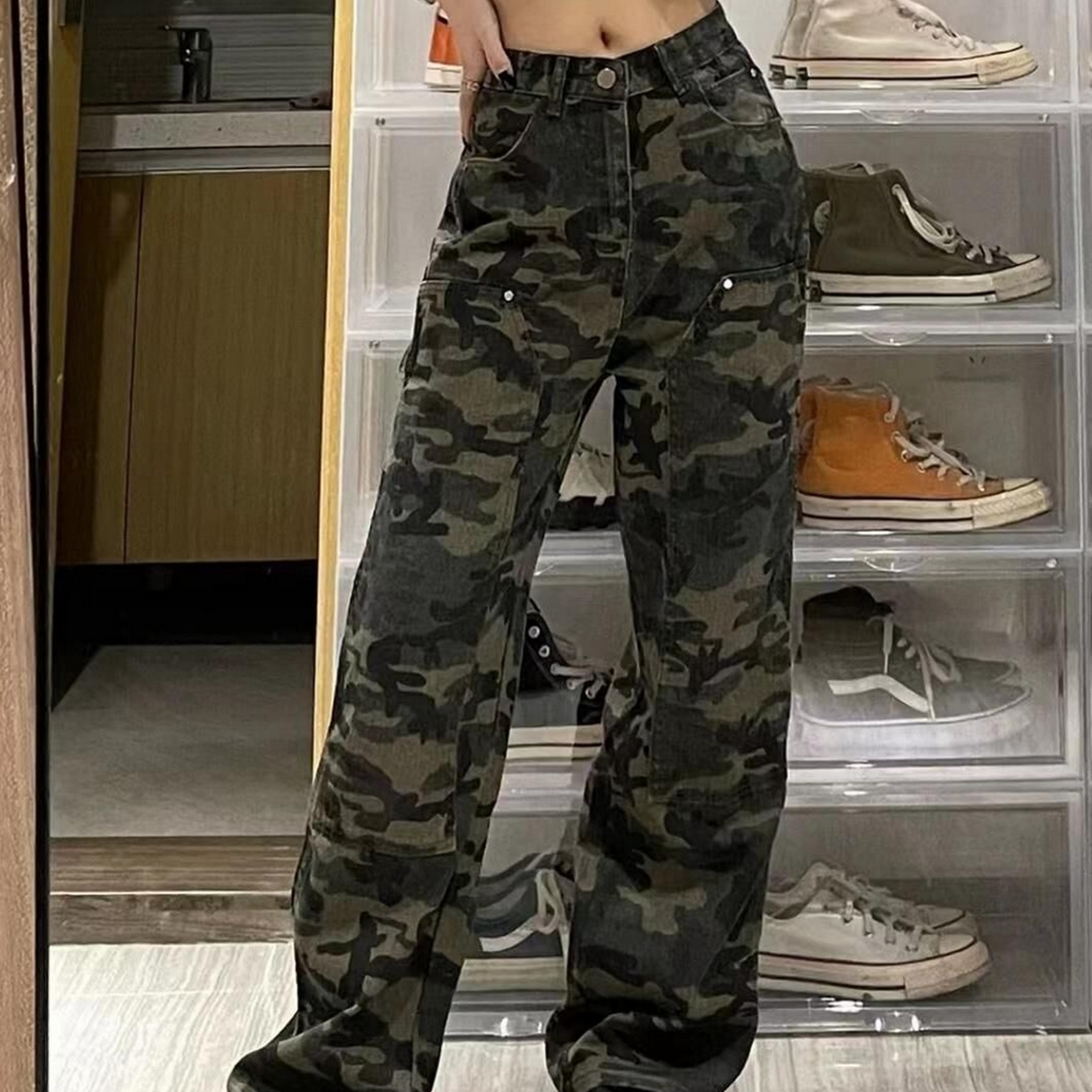 91家纺网 家纺一手货源 找家纺 （总）洛兰沙家居馆【只代发】【只代发】 2025新款美式hiphop迷彩工装裤女胖mm宽松直筒休闲裤显瘦高腰阔腿牛仔裤4