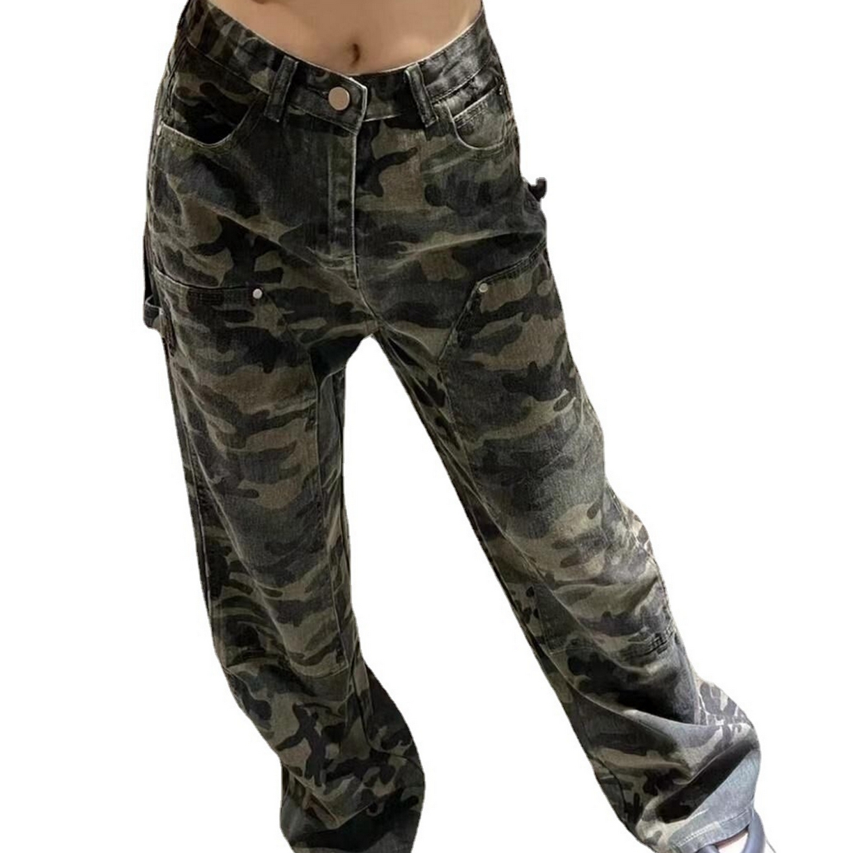 91家纺网 家纺一手货源 找家纺 （总）洛兰沙家居馆【只代发】【只代发】 2025新款美式hiphop迷彩工装裤女胖mm宽松直筒休闲裤显瘦高腰阔腿牛仔裤4