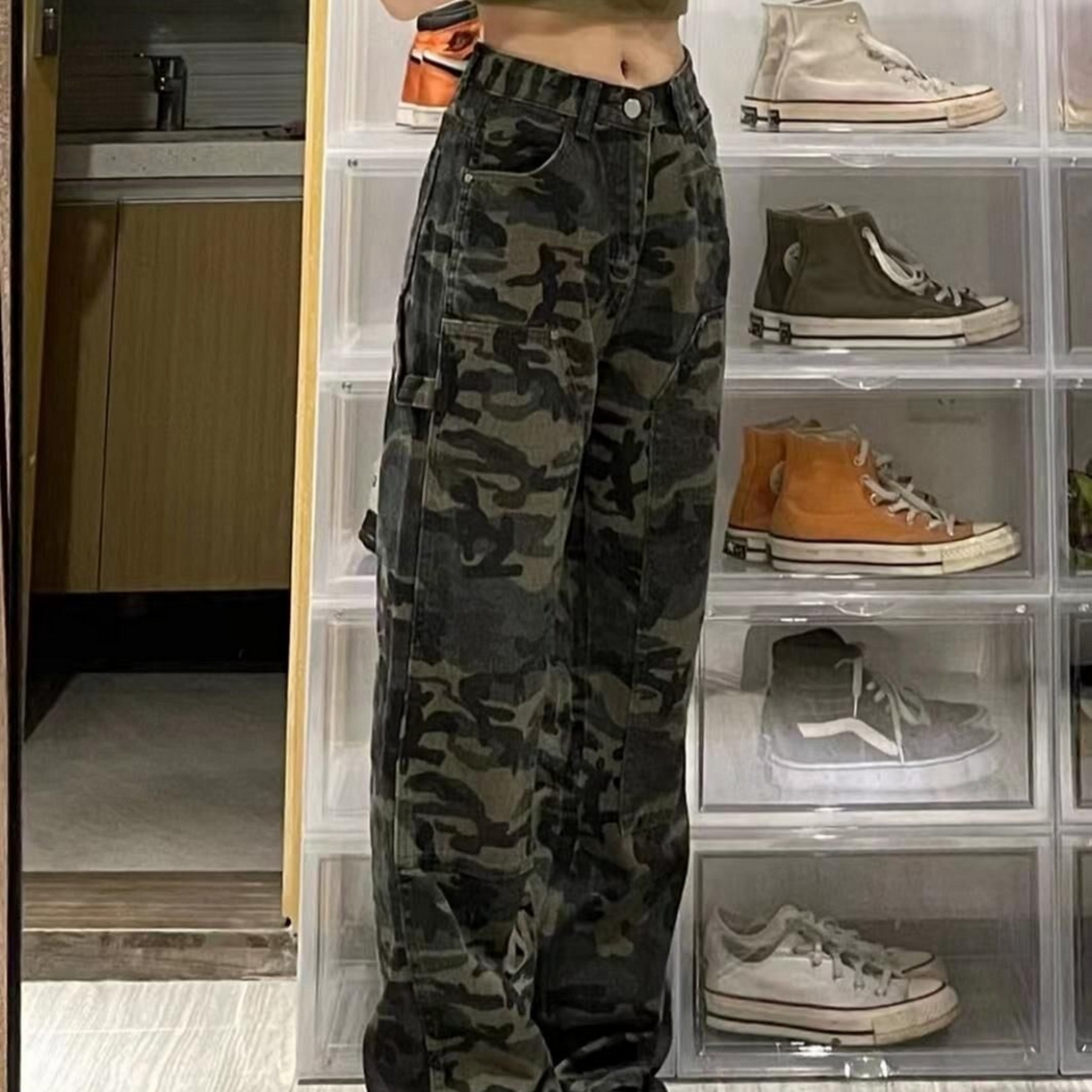 91家纺网 家纺一手货源 找家纺 （总）洛兰沙家居馆【只代发】【只代发】 2025新款美式hiphop迷彩工装裤女胖mm宽松直筒休闲裤显瘦高腰阔腿牛仔裤4