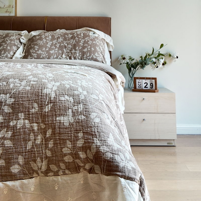 91家纺网 家纺一手货源 找家纺 [91家纺网精选] 新品棉麻四件套-云深漫红茶棕