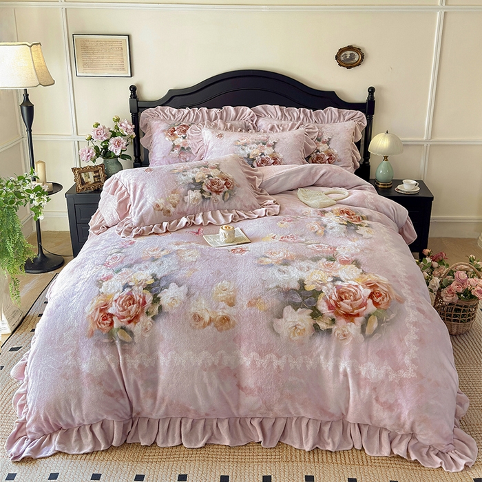 宜凡家纺 2025新款牛奶绒5D数码大板印花床盖四件套 玫瑰庄园 豆沙