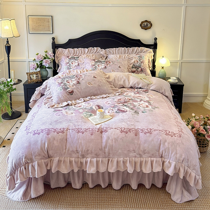 宜凡家纺 2025新款牛奶绒5D数码大板印花床盖四件套 诺曼庄园 豆沙