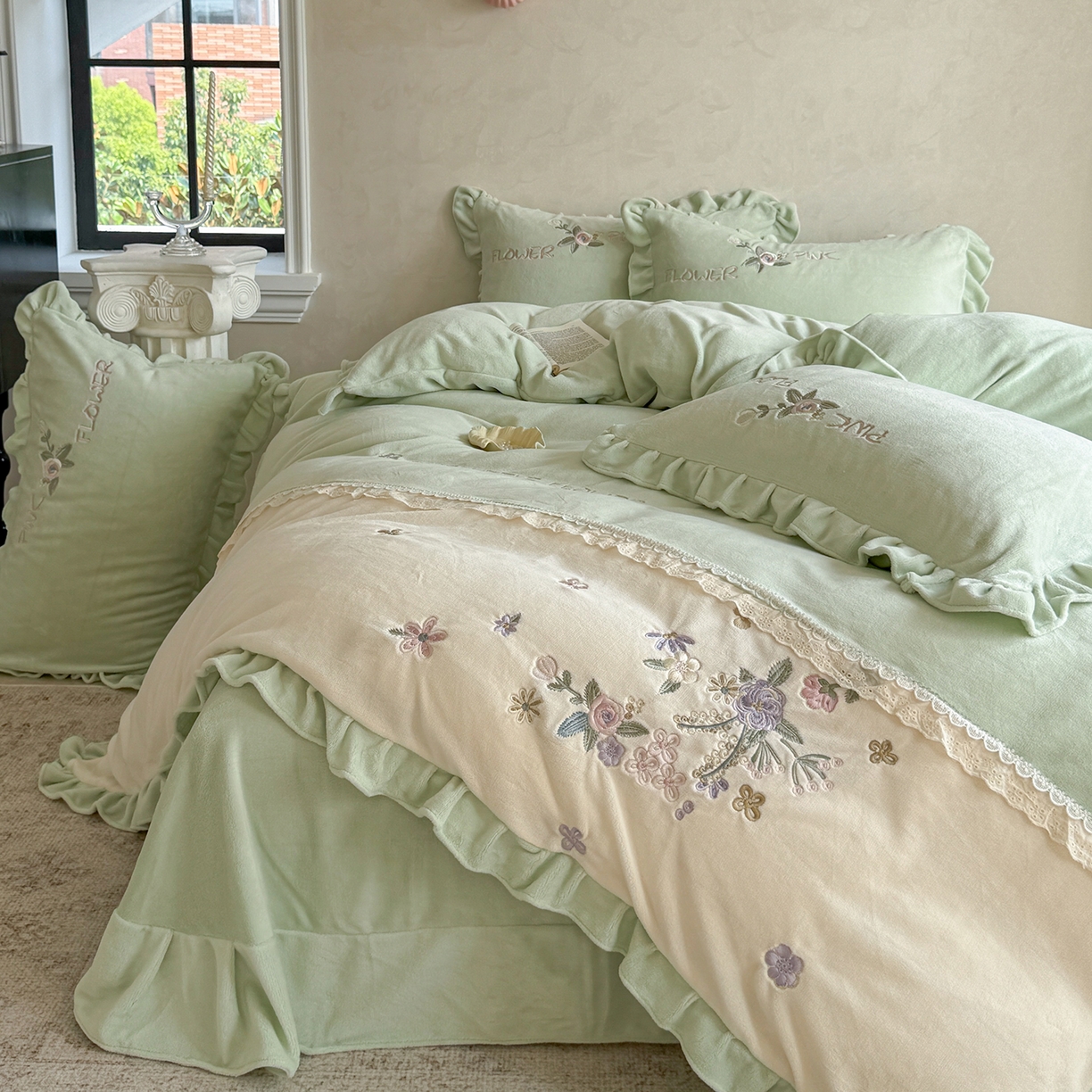 可以家居  2025新款高克重全消光超细旦奶芙云绒四件套-玛利亚系列 新芽绿