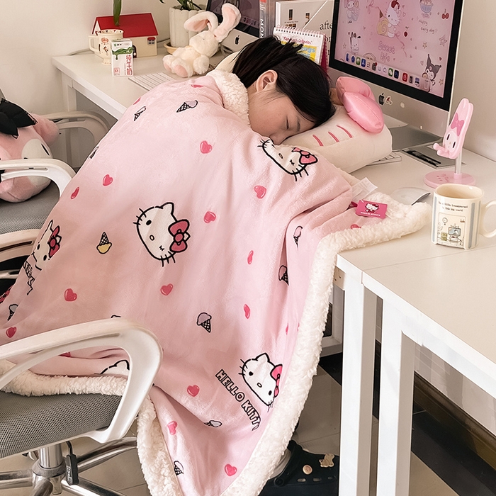 91家纺网 家纺一手货源 找家纺 葡萄家 2025新款A类三丽鸥正版授权少女可爱卡通加厚牛奶绒羊羔绒多功能四季毛毯毯子 绒毛毯-MT三丽鸥甜筒KT粉