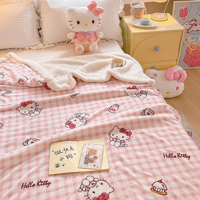 91家纺网 家纺一手货源 找家纺 葡萄家 2025新款A类三丽鸥正版授权少女可爱卡通加厚牛奶绒羊羔绒多功能四季毛毯毯子 绒毛毯-MT三丽鸥粉格牛奶KT