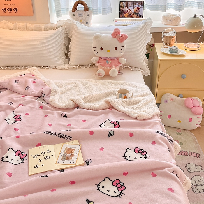 91家纺网 家纺一手货源 找家纺 葡萄家 2025新款A类三丽鸥正版授权少女可爱卡通加厚牛奶绒羊羔绒多功能四季毛毯毯子 绒毛毯-MT三丽鸥甜筒KT粉