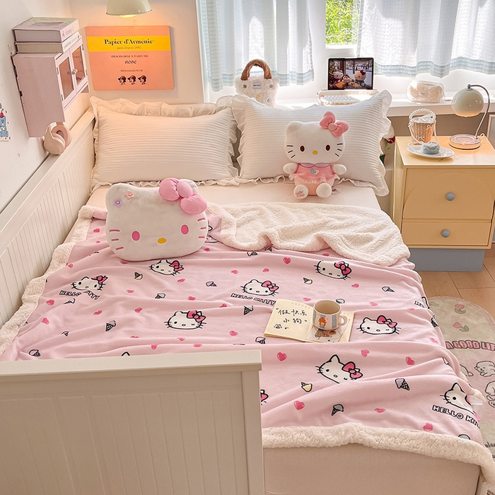 91家纺网 家纺一手货源 找家纺 葡萄家 2025新款A类三丽鸥正版授权少女可爱卡通加厚牛奶绒羊羔绒多功能四季毛毯毯子 绒毛毯-MT三丽鸥甜筒KT粉