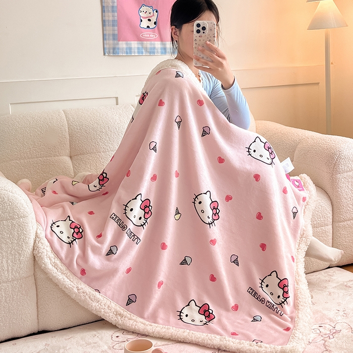 91家纺网 家纺一手货源 找家纺 葡萄家 2025新款A类三丽鸥正版授权少女可爱卡通加厚牛奶绒羊羔绒多功能四季毛毯毯子 绒毛毯-MT三丽鸥甜筒KT粉