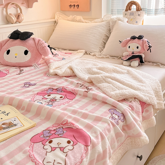 91家纺网 家纺一手货源 找家纺 葡萄家 2025新款A类三丽鸥正版授权少女可爱卡通加厚牛奶绒羊羔绒多功能四季毛毯毯子 绒毛毯-MT三丽鸥粉条美乐蒂