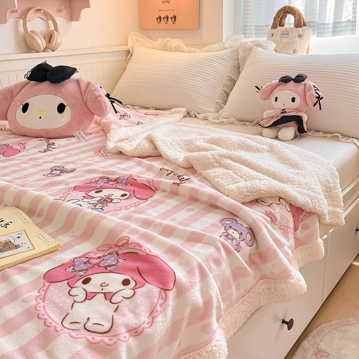 91家纺网 家纺一手货源 找家纺 葡萄家 2025新款A类三丽鸥正版授权少女可爱卡通加厚牛奶绒羊羔绒多功能四季毛毯毯子 绒毛毯-MT三丽鸥粉条美乐蒂