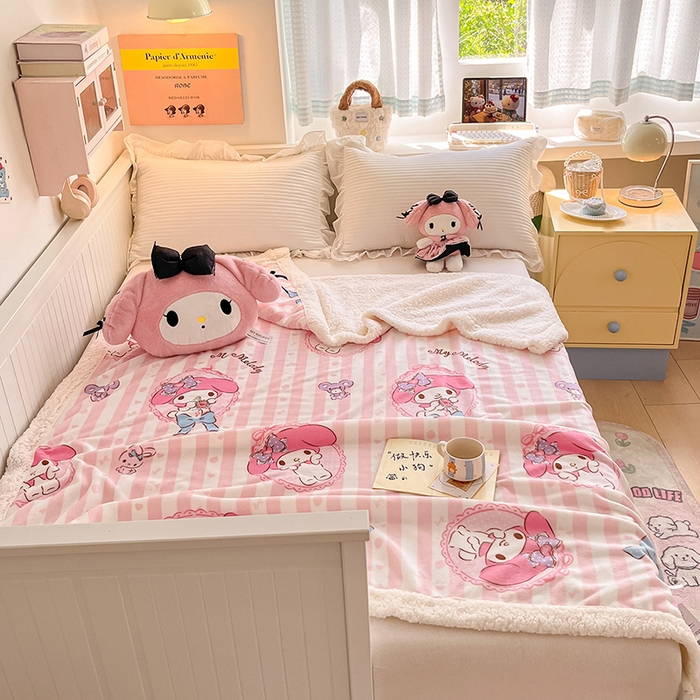 91家纺网 家纺一手货源 找家纺 葡萄家 2025新款A类三丽鸥正版授权少女可爱卡通加厚牛奶绒羊羔绒多功能四季毛毯毯子 绒毛毯-MT三丽鸥粉条美乐蒂