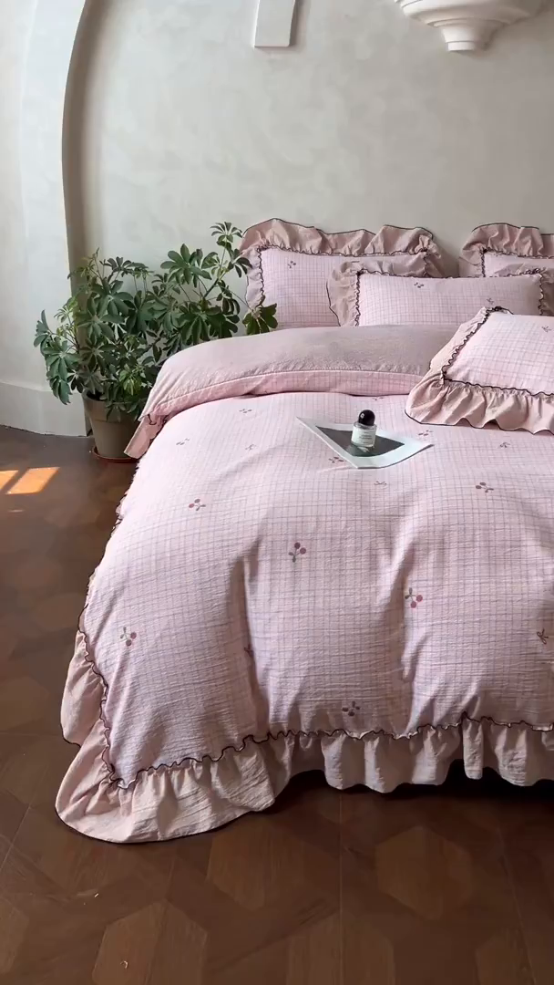 91家纺网 家纺一手货源 找家纺 柔享家（原芷澜家纺） 2025新款秋冬新品A类高克重亚麻复古风原麻棉麻系列四件套 樱梦