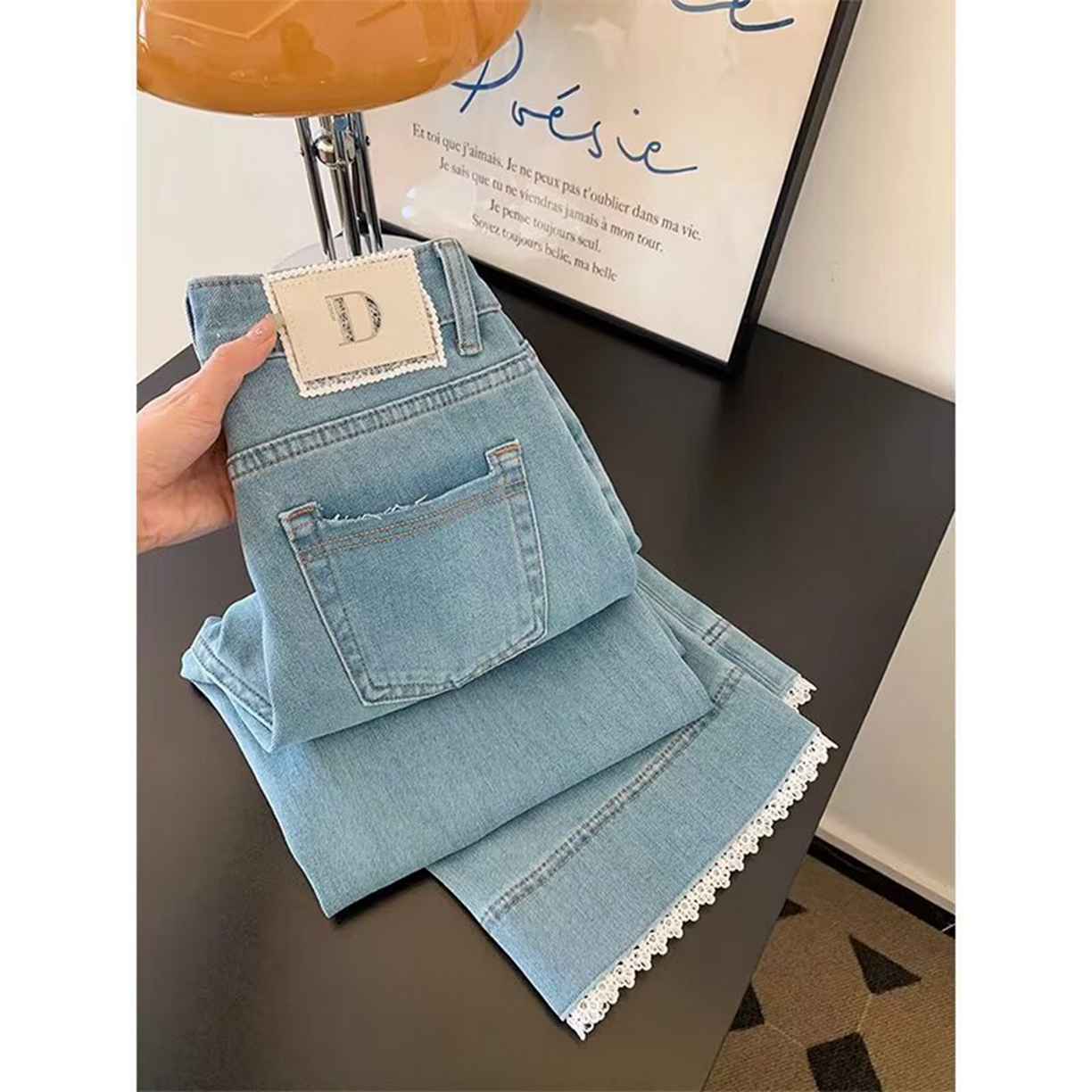 91家纺网 家纺一手货源 找家纺 洛兰沙家居馆【只代发】【只代发】 2025新款蕾丝花边直筒牛仔裤女夏薄款小个子九分裤大码胖mm显瘦浅色阔腿牛仔裤5 浅蓝