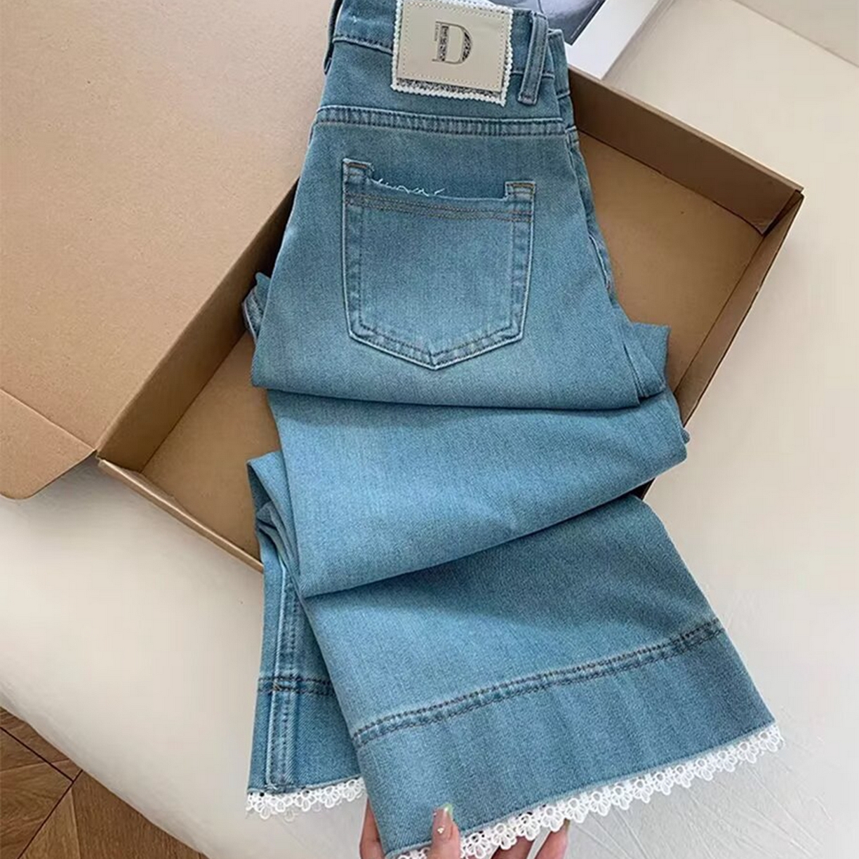 洛兰沙家居馆【只代发】【只代发】 2025新款蕾丝花边直筒牛仔裤女夏薄款小个子九分裤大码胖mm显瘦浅色阔腿牛仔裤5 浅蓝