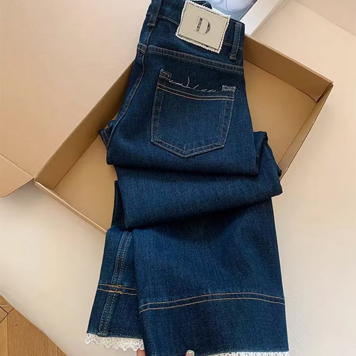 洛兰沙家居馆【只代发】【只代发】 2025新款蕾丝花边直筒牛仔裤女夏薄款小个子九分裤大码胖mm显瘦浅色阔腿牛仔裤5 深蓝