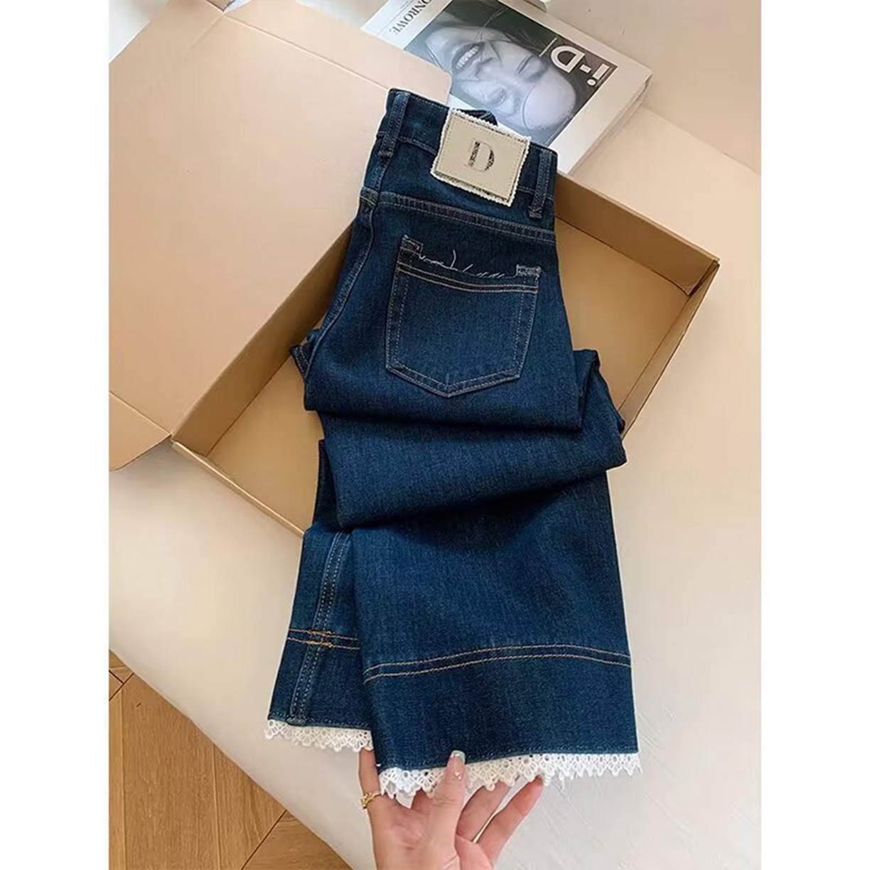 91家纺网 家纺一手货源 找家纺 洛兰沙家居馆【只代发】【只代发】 2025新款蕾丝花边直筒牛仔裤女夏薄款小个子九分裤大码胖mm显瘦浅色阔腿牛仔裤5 深蓝