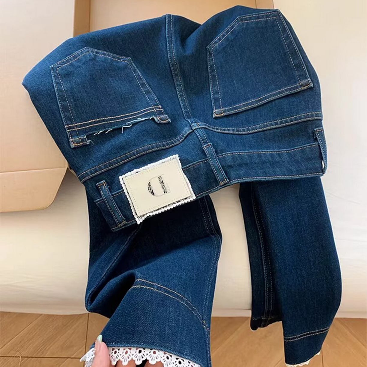 91家纺网 家纺一手货源 找家纺 洛兰沙家居馆【只代发】【只代发】 2025新款蕾丝花边直筒牛仔裤女夏薄款小个子九分裤大码胖mm显瘦浅色阔腿牛仔裤5 深蓝