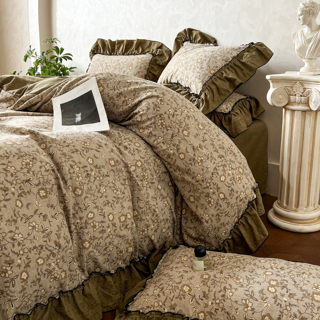 91家纺网 家纺一手货源 找家纺 柔享家（原芷澜家纺） 2025新款秋冬新品A类高克重亚麻复古风原麻棉麻系列四件套 栀意