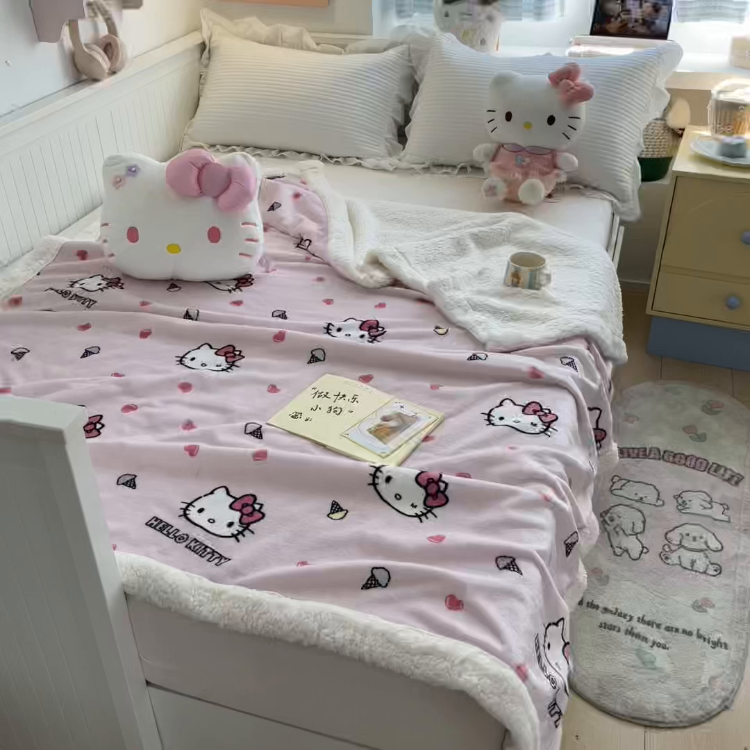 91家纺网 家纺一手货源 找家纺 葡萄家 2025新款A类三丽鸥正版授权少女可爱卡通加厚牛奶绒羊羔绒多功能四季毛毯毯子 绒毛毯-MT三丽鸥甜筒KT粉
