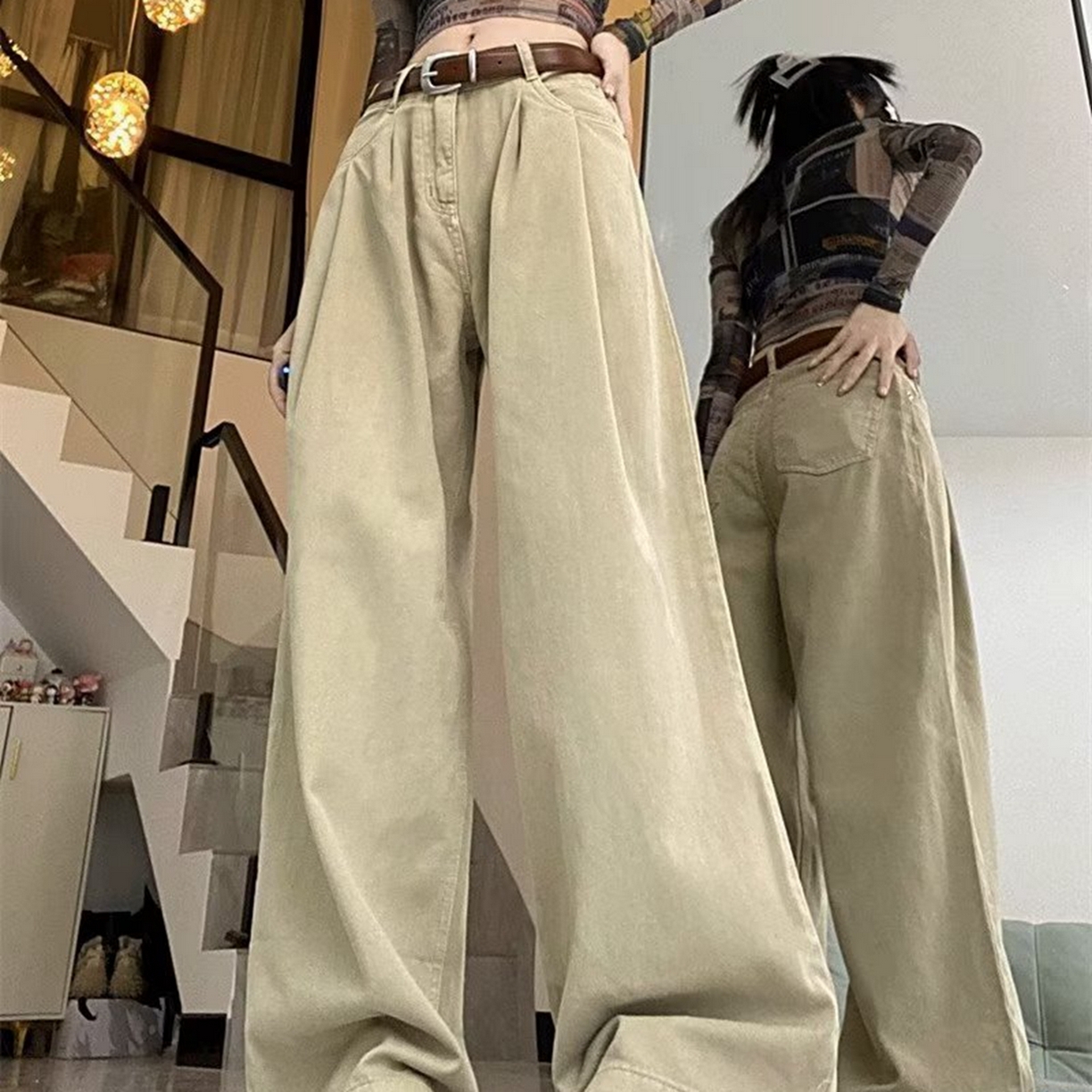 91家纺网 家纺一手货源 找家纺 （总）洛兰沙家居馆【只代发】【只代发】 2025新款白色垂感直筒休闲裤女秋季2023新款美式工装裤宽松阔腿裤拖地牛仔裤6