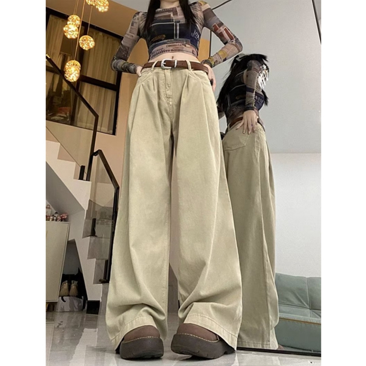 91家纺网 家纺一手货源 找家纺 （总）洛兰沙家居馆【只代发】【只代发】 2025新款白色垂感直筒休闲裤女秋季2023新款美式工装裤宽松阔腿裤拖地牛仔裤6