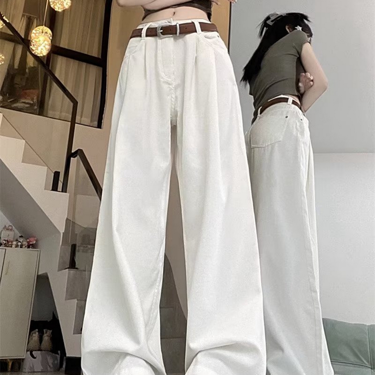 91家纺网 家纺一手货源 找家纺 洛兰沙家居馆【只代发】【只代发】 2025新款白色垂感直筒休闲裤女秋季2023新款美式工装裤宽松阔腿裤拖地牛仔裤6 白色