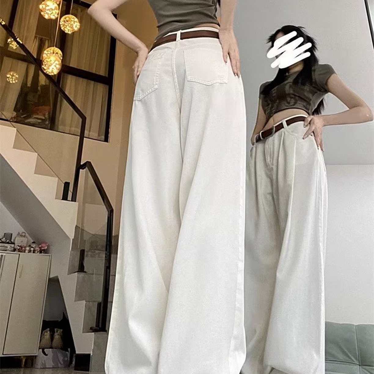 91家纺网 家纺一手货源 找家纺 洛兰沙家居馆【只代发】【只代发】 2025新款白色垂感直筒休闲裤女秋季2023新款美式工装裤宽松阔腿裤拖地牛仔裤6 白色