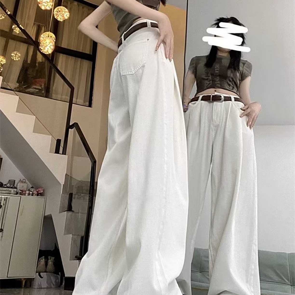 91家纺网 家纺一手货源 找家纺 洛兰沙家居馆【只代发】【只代发】 2025新款白色垂感直筒休闲裤女秋季2023新款美式工装裤宽松阔腿裤拖地牛仔裤6 白色