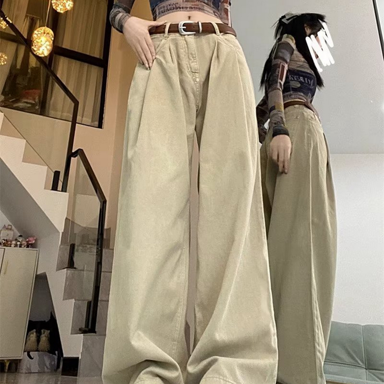 91家纺网 家纺一手货源 找家纺 洛兰沙家居馆【只代发】【只代发】 2025新款白色垂感直筒休闲裤女秋季2023新款美式工装裤宽松阔腿裤拖地牛仔裤6 杏色