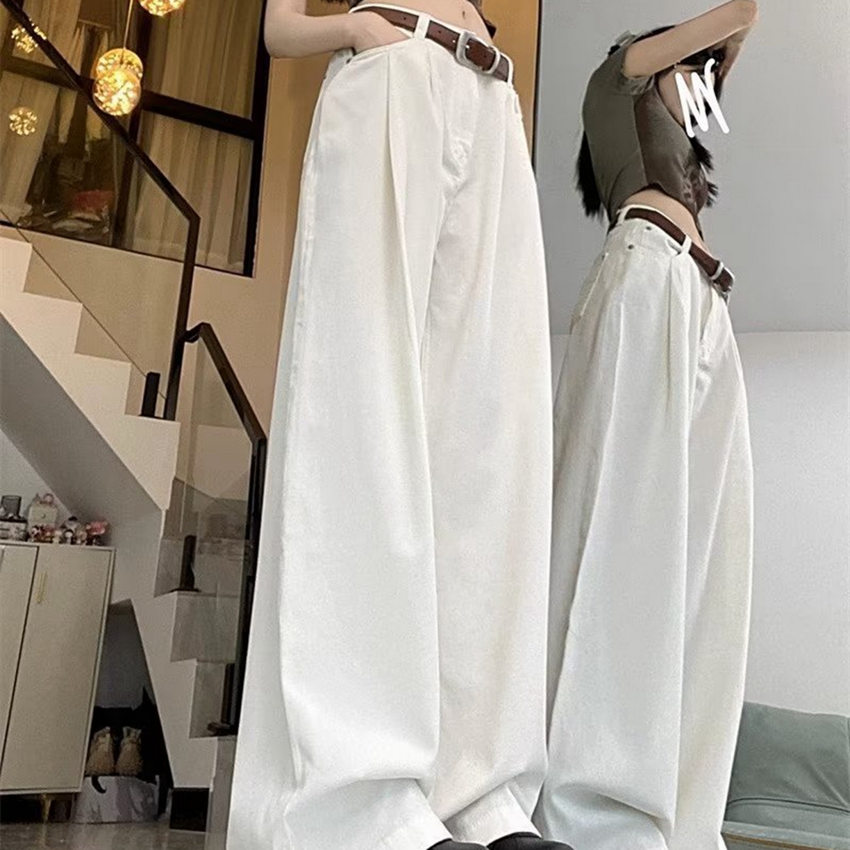 91家纺网 家纺一手货源 找家纺 洛兰沙家居馆【只代发】【只代发】 2025新款白色垂感直筒休闲裤女秋季2023新款美式工装裤宽松阔腿裤拖地牛仔裤6 白色