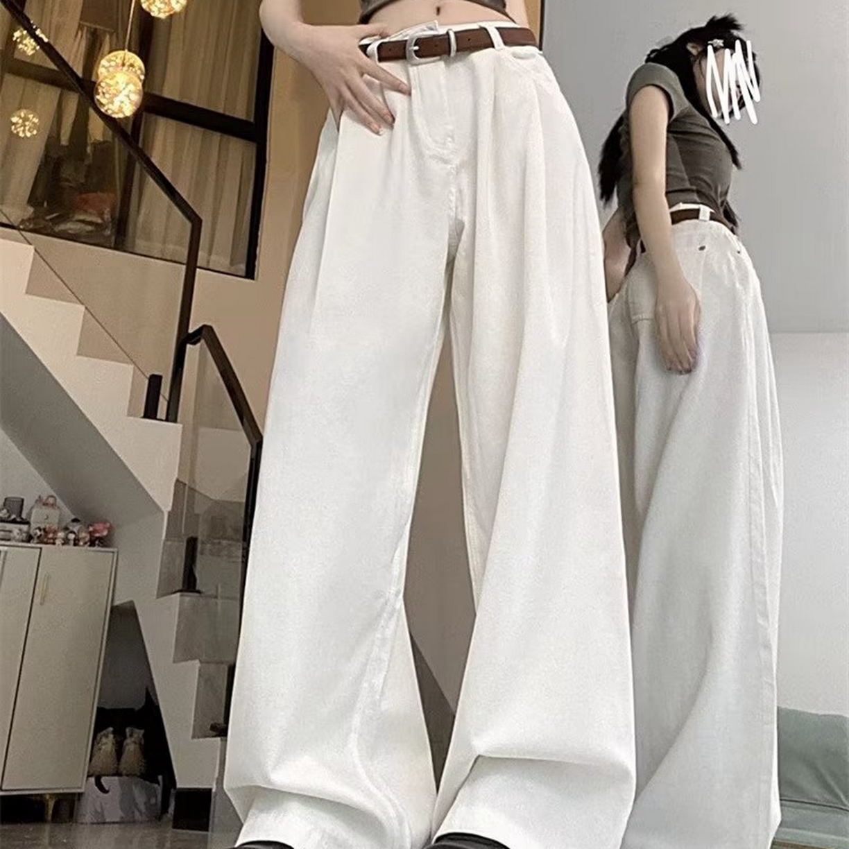 91家纺网 家纺一手货源 找家纺 洛兰沙家居馆【只代发】【只代发】 2025新款白色垂感直筒休闲裤女秋季2023新款美式工装裤宽松阔腿裤拖地牛仔裤6 白色