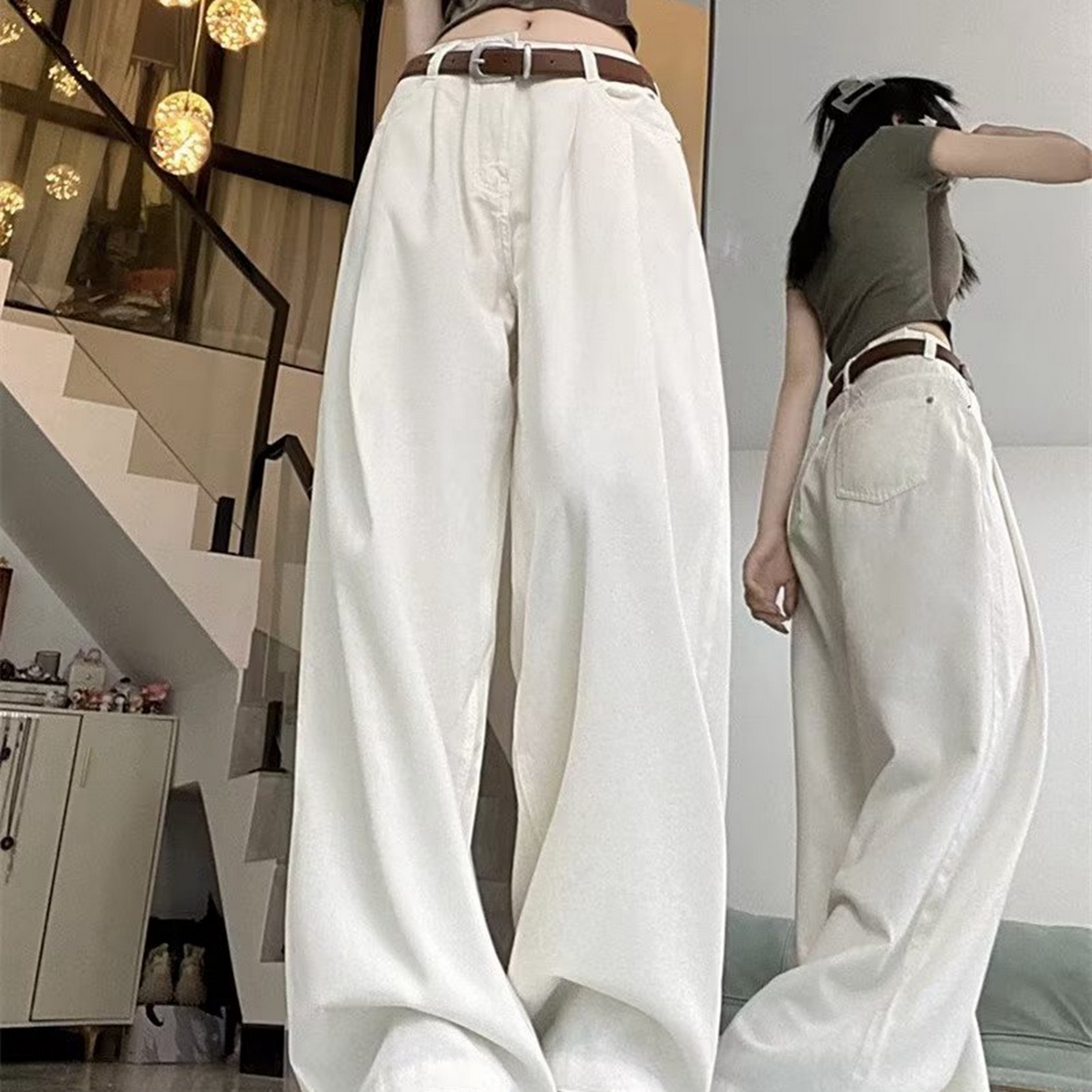 洛兰沙家居馆【只代发】【只代发】 2025新款白色垂感直筒休闲裤女秋季2023新款美式工装裤宽松阔腿裤拖地牛仔裤6 白色