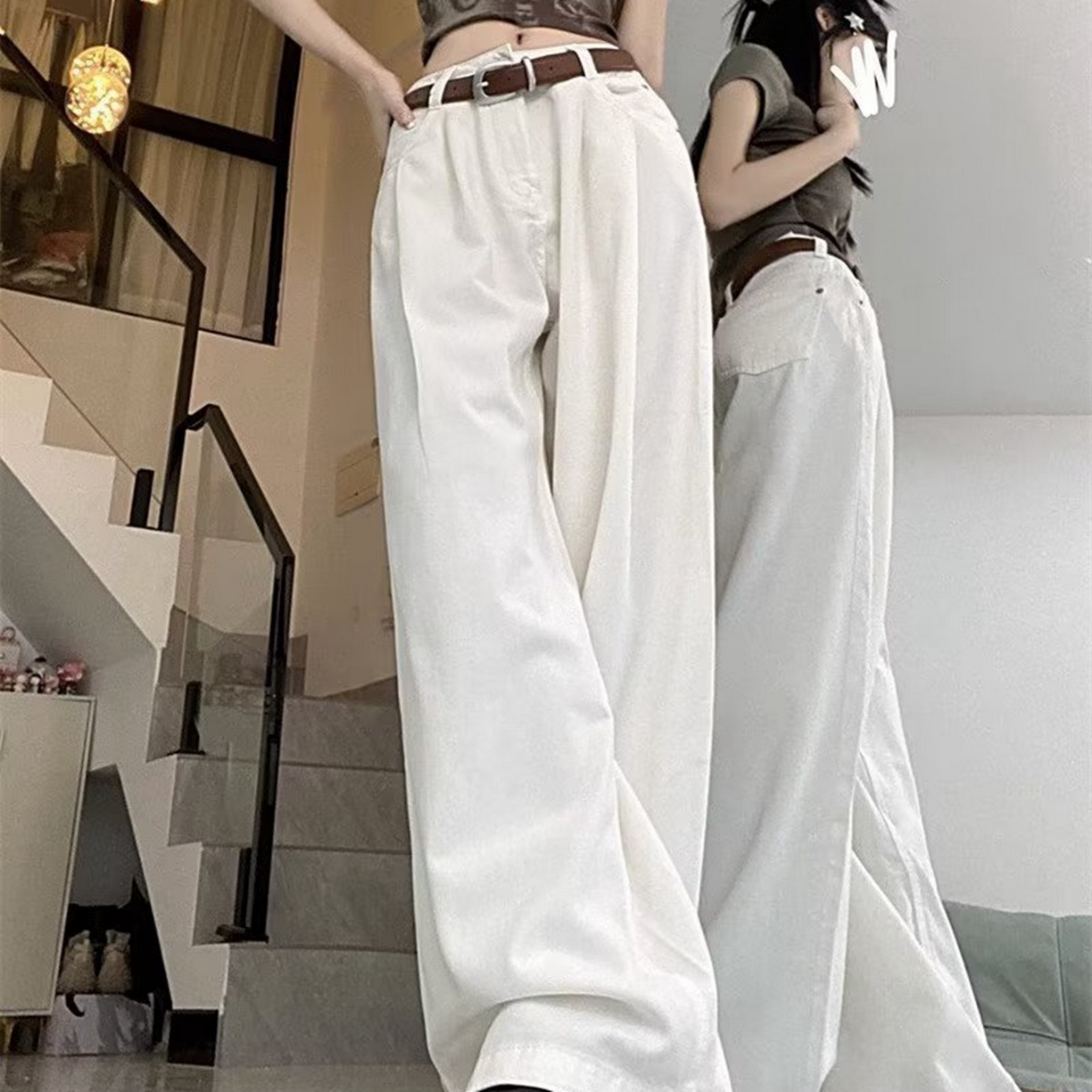 91家纺网 家纺一手货源 找家纺 洛兰沙家居馆【只代发】【只代发】 2025新款白色垂感直筒休闲裤女秋季2023新款美式工装裤宽松阔腿裤拖地牛仔裤6 白色