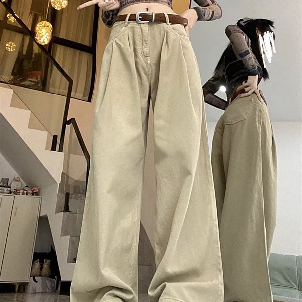 洛兰沙家居馆【只代发】【只代发】 2025新款白色垂感直筒休闲裤女秋季2023新款美式工装裤宽松阔腿裤拖地牛仔裤6 杏色