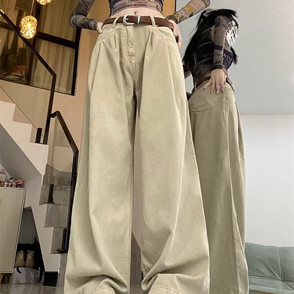 91家纺网 家纺一手货源 找家纺 洛兰沙家居馆【只代发】【只代发】 2025新款白色垂感直筒休闲裤女秋季2023新款美式工装裤宽松阔腿裤拖地牛仔裤6 杏色