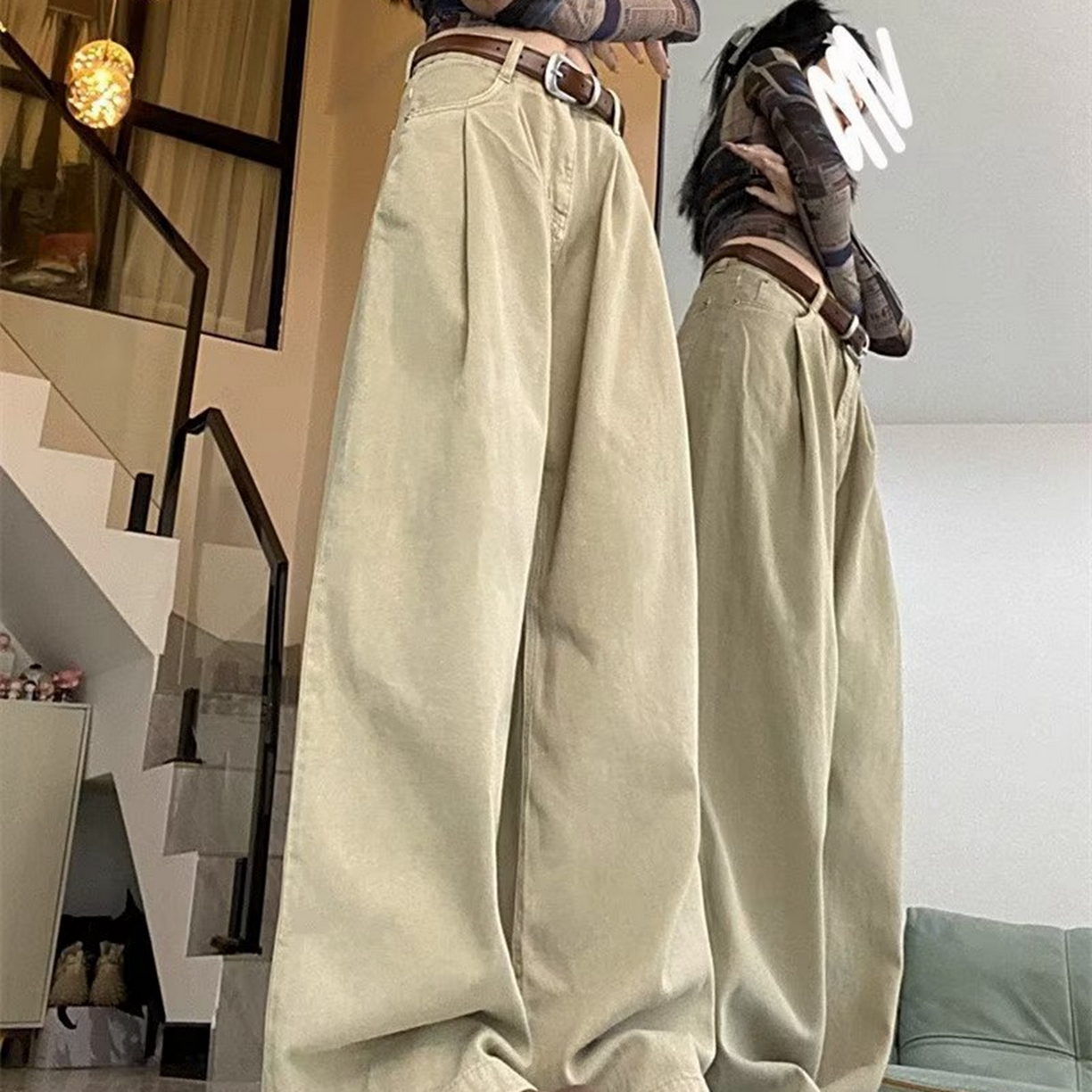 91家纺网 家纺一手货源 找家纺 洛兰沙家居馆【只代发】【只代发】 2025新款白色垂感直筒休闲裤女秋季2023新款美式工装裤宽松阔腿裤拖地牛仔裤6 杏色