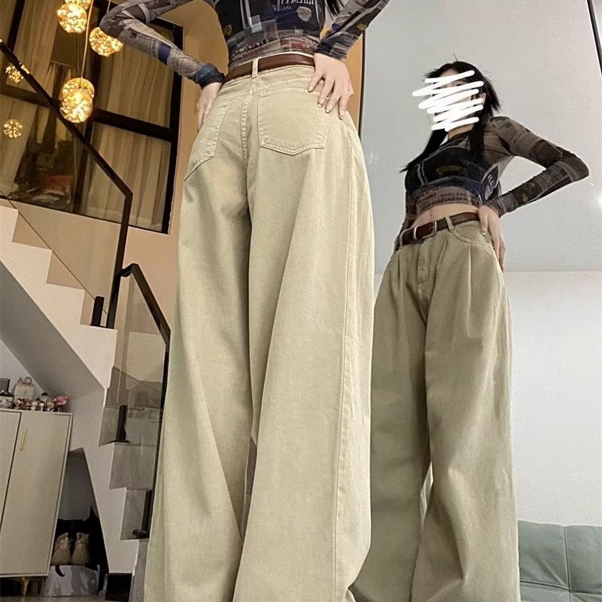 91家纺网 家纺一手货源 找家纺 洛兰沙家居馆【只代发】【只代发】 2025新款白色垂感直筒休闲裤女秋季2023新款美式工装裤宽松阔腿裤拖地牛仔裤6 杏色