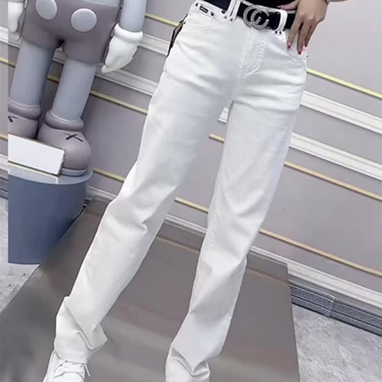 91家纺网 家纺一手货源 找家纺 （总）洛兰沙家居馆【只代发】【只代发】 2025新款白色高腰弹力直筒牛仔裤女大码胖mm秋季新款小个子显瘦窄版拖地牛仔裤7