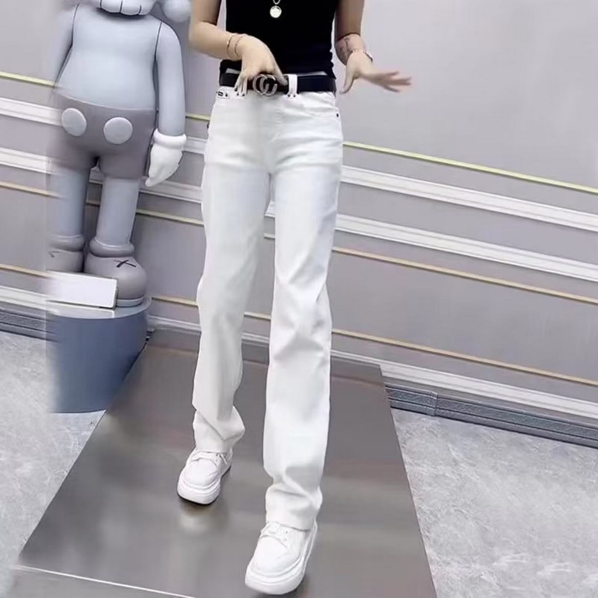 91家纺网 家纺一手货源 找家纺 （总）洛兰沙家居馆【只代发】【只代发】 2025新款白色高腰弹力直筒牛仔裤女大码胖mm秋季新款小个子显瘦窄版拖地牛仔裤7