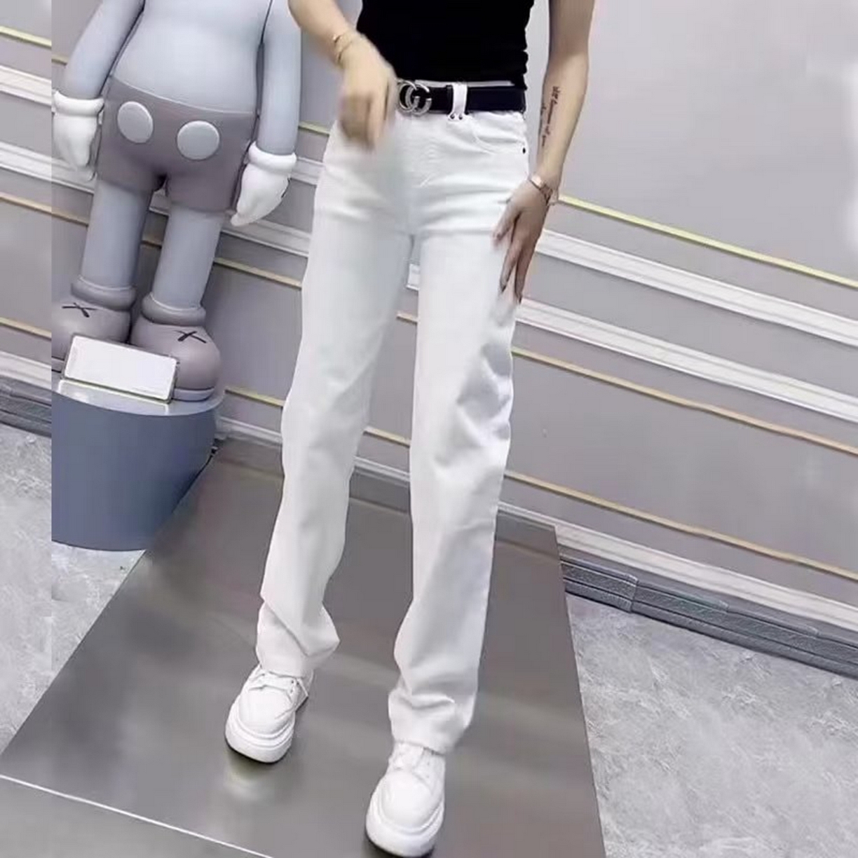 91家纺网 家纺一手货源 找家纺 （总）洛兰沙家居馆【只代发】【只代发】 2025新款白色高腰弹力直筒牛仔裤女大码胖mm秋季新款小个子显瘦窄版拖地牛仔裤7