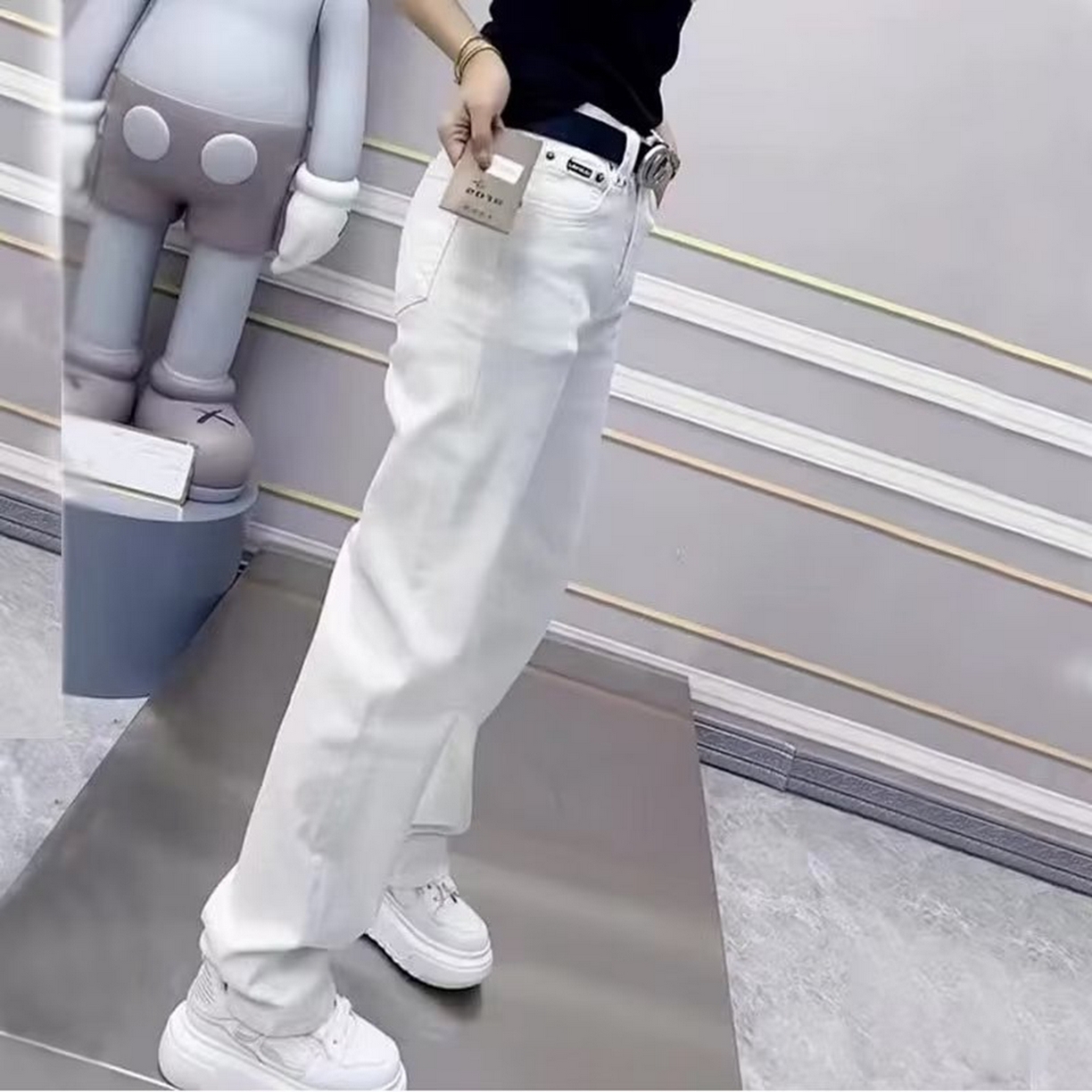 91家纺网 家纺一手货源 找家纺 （总）洛兰沙家居馆【只代发】【只代发】 2025新款白色高腰弹力直筒牛仔裤女大码胖mm秋季新款小个子显瘦窄版拖地牛仔裤7