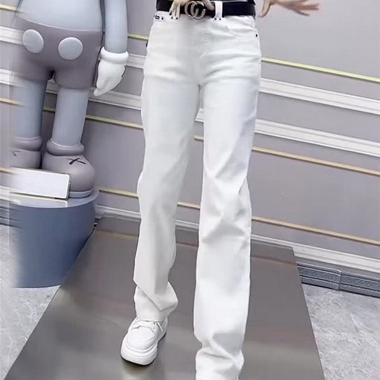 91家纺网 家纺一手货源 找家纺 （总）洛兰沙家居馆【只代发】【只代发】 2025新款白色高腰弹力直筒牛仔裤女大码胖mm秋季新款小个子显瘦窄版拖地牛仔裤7