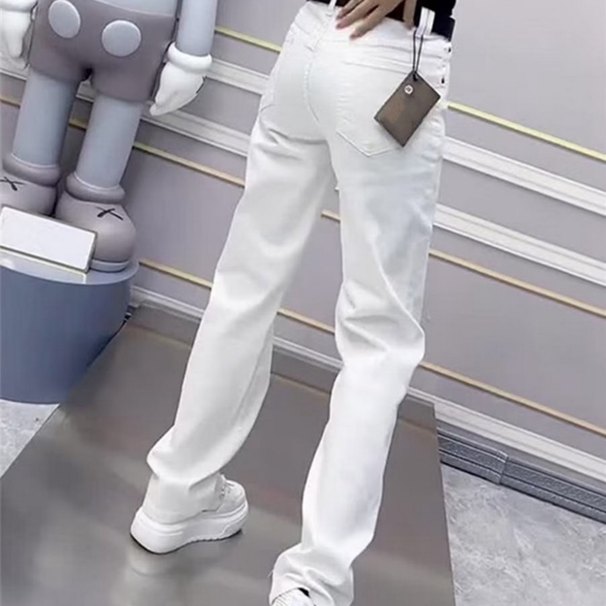 91家纺网 家纺一手货源 找家纺 （总）洛兰沙家居馆【只代发】【只代发】 2025新款白色高腰弹力直筒牛仔裤女大码胖mm秋季新款小个子显瘦窄版拖地牛仔裤7